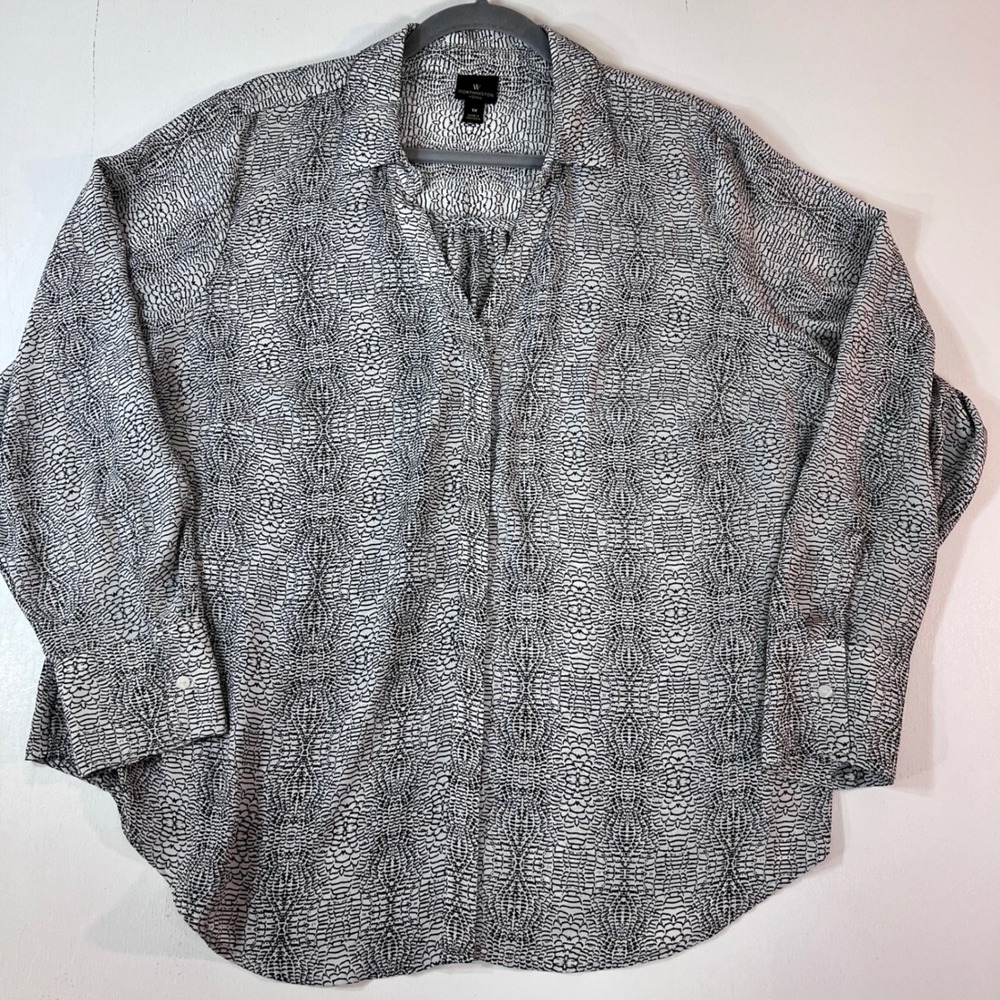 Worthington Woman 1X Black White Abstract Geometric Sheer Button Blouse